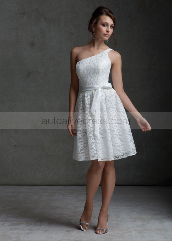 Ivory Lace One Shoulder Short Bridesmaid Dress